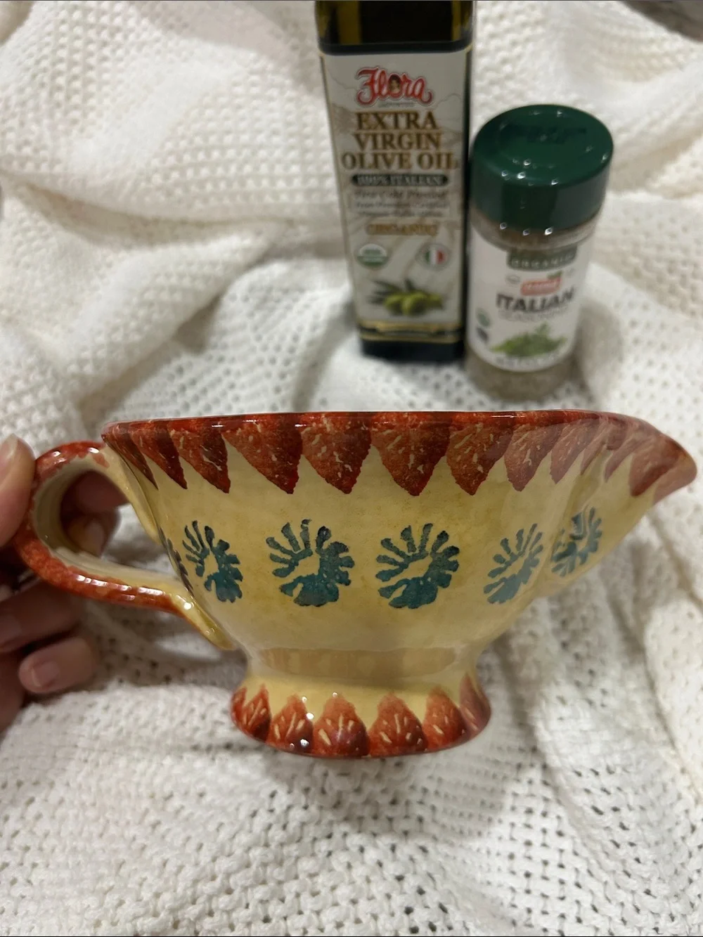 Italian Ceramic Dish with Pour Spout Handpainted in Italy Tomato and Olive